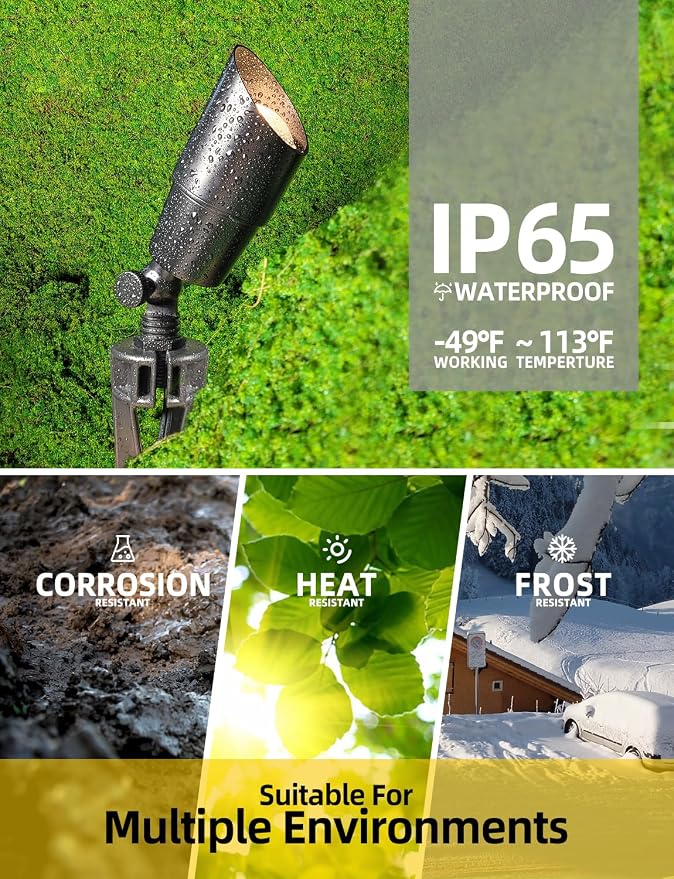 COLOER Brass Low Voltage Landscape Spotlight(Black) 12-Pack with 5W Aluminum Housing MR16 LED Bulb 2700K 450LM CRI85+,12V AC/DC Outdoor Uplighting, Directional Garden Patio Spot Up Light(101B-Black)