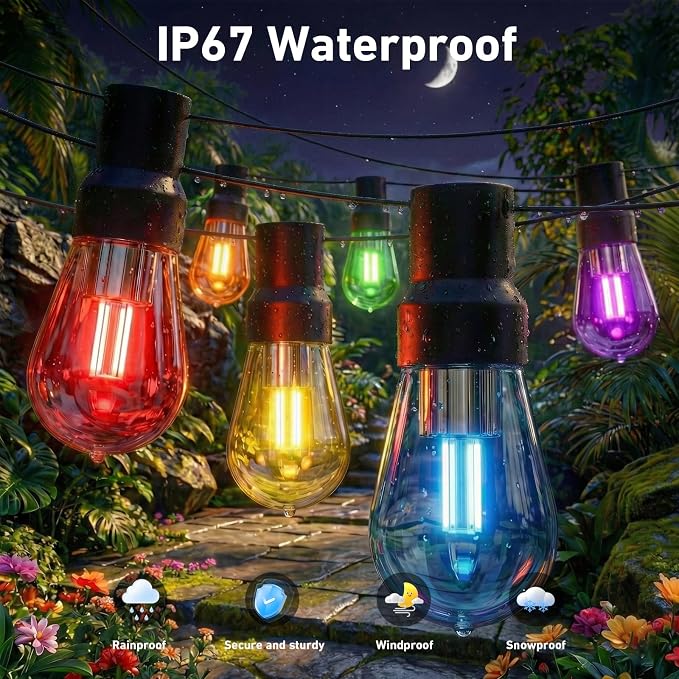 LETIANPAI 200ft RGB+IC Outdoor String Lights, IP67 Waterproof LED Color Changing Clear Bulb String Lights with App & Remote Control, Shatterproof Hanging Patio Lights for Backyard Garden Party
