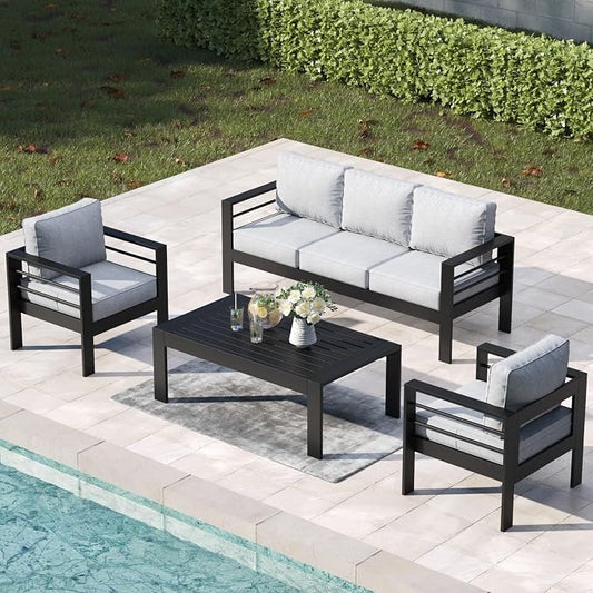 4 Pieces Aluminum Outdoor Patio Furniture Set with Coffee Table, Modern Metal Conversation Sofa Set with Deep Seating