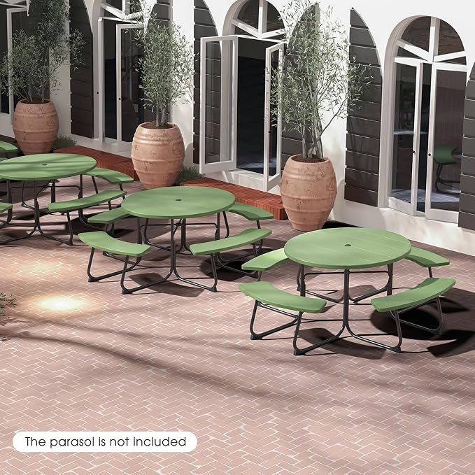 Giantex Picnic Table Set for Up to 8 Persons, Round Outdoor Table and Bench Set with Umbrella Hole, HDPE Top & Metal Frame, 2000LBS Capacity, Patio Table Bench for Deck Backyard Garden (Green)