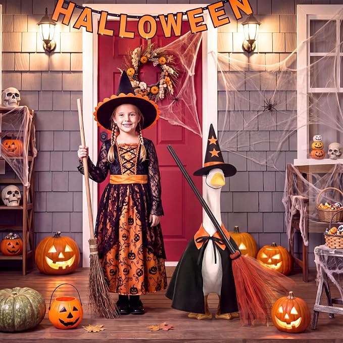 Halloween Porch Goose Outfit Goose Dress Witch Clothes with Broom and Hat Costume for 23" Gooses Statue Decoration Patio Yard Garden Lawn Outdoor Decors