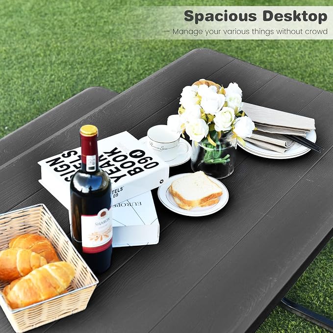 DORTALA Plastic Picnic Table for Outdoors, All Weather Faux Wood Patio Picnic Table Set with Benches for Outdoor, Cafeteria and Commercial, Black