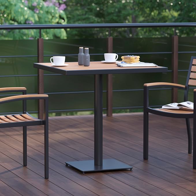 EMMA + OLIVER Outdoor Faux Teak Dining Table with Poly Slats - Square Patio Table