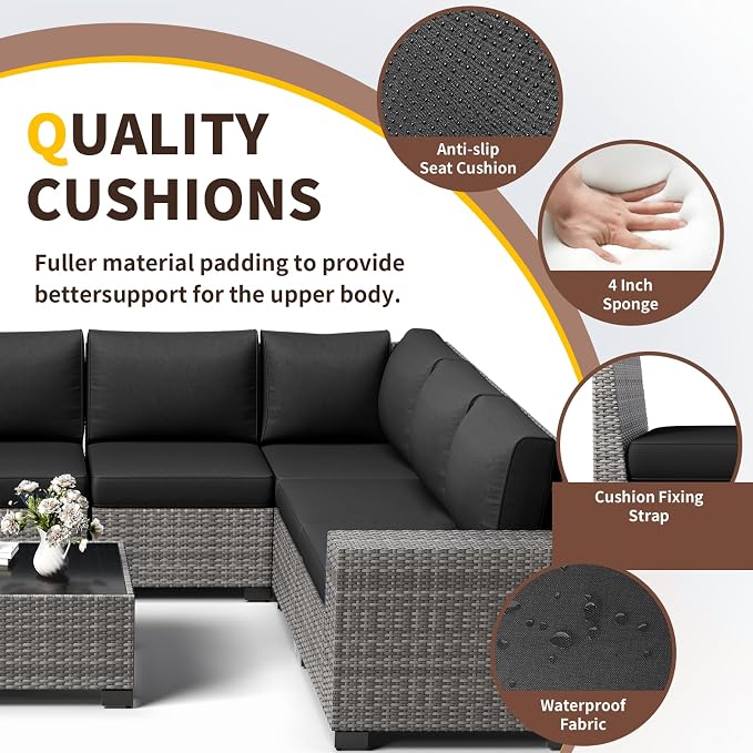Outdoor Patio Furniture Set, 8‘’ Wide armrest Outdoor Sectional Rattan Sofa Set, Wicker Patio Furniture Sets w/Coffee Table,Thick Cushions for and Cover for Porch, Deck,8 PCS(Grey&Black)
