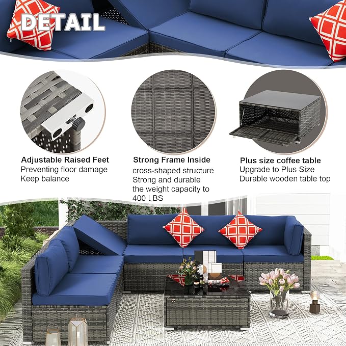 HOMREST 7 Piece Outdoor Patio Furniture, Hand Woven PE Rattan Patio Conversation Sets, Outdoor Sectional Set with Storage Table, Cushions and Pillows, Lift Sofa for Garden, Balcony, Lawn (Navy Blue)