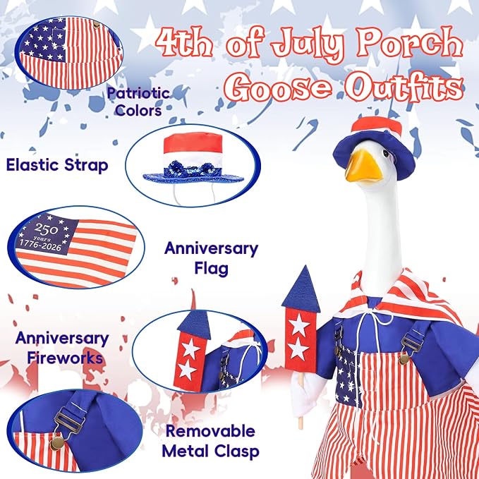 4th of July Porch Goose Outfit with Hat & Cape for 23" Goose, Outdoor Decor | 250th Anniversary Flag Design, Goose Clothes with Cape & Hat, Independence Day Decor for Outdoor Porch Yard Lawn Garden
