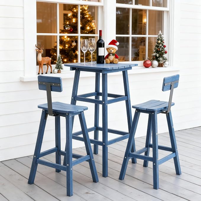 3-Piece Outdoor Counter Height Bar Table Set, 42" Pub & Bistro Table with 2 Stools, HDPE Weather Resistant for Patio/Backyard/Garden/Poolside, Navy Blue