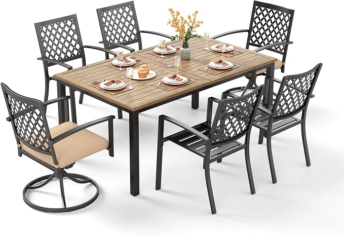PHI VILLA 7 Pcs Outdoor Dining Set, 65" Wood-Like Table w/Umbrella Hole | Steel Table with Umbrella Hole&Fixed/Swivel Chairs with Cushions,Wrought Iron Furniture for Patio, Deck, Yard, Porch