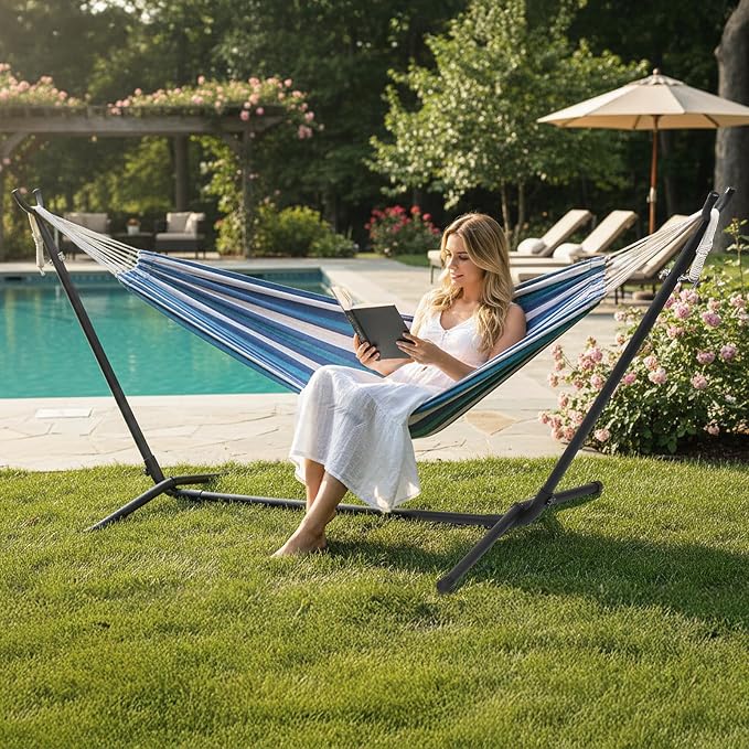 ONCLOUD Portable Hammock with Stand for outsides, 9ft Space Saving Steel Stand Includes Portable Carrying Case (Purple Blue)