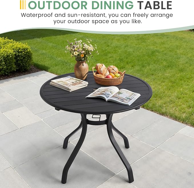 LVUYOYO Outdoor Round Patio Dining Table, Metal Round Table with Umbrella Hole, All-Weather Furniture for Backyard, Garden, Balcony, Porch (Black)