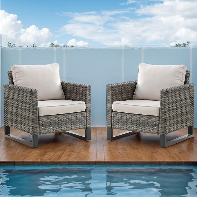 Rilyson Luxury Wicker Outdoor Patio Chairs Set of 2-Classic Rattan Chairs Water Resistant,Comfortable Cushions and Sturdy Metal Frame for Outside Porch Deck Backyard(Mixed Grey/Beige)