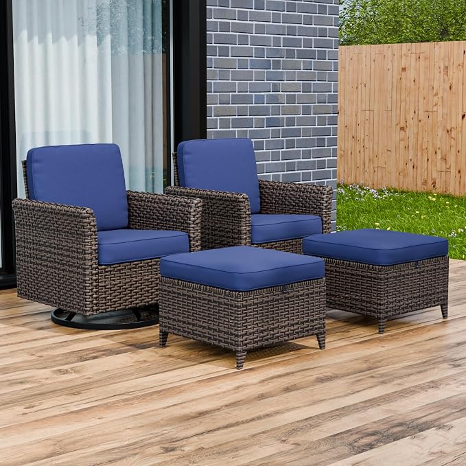 COOS BAY Harbor Retreat 4 Piece Outdoor Furniture Set, Patio Conversation Set with Swivel Rocking Chairs and Ottomans, Wicker Furniture, Brown/Blue