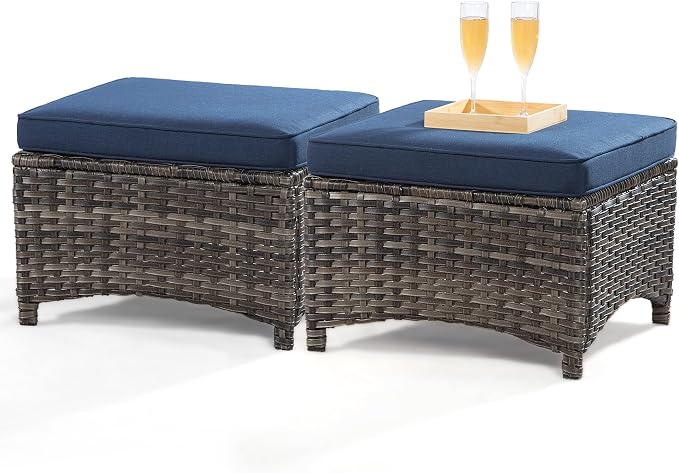 Outdoor Wicker Couch Set 6 Pieces - Outdoor Wicker Patio Furniture Set with 2 Armchairs, 2 Couch and 2 Ottomans, Olefin Cushions Included(Mixed Grey/Blue)
