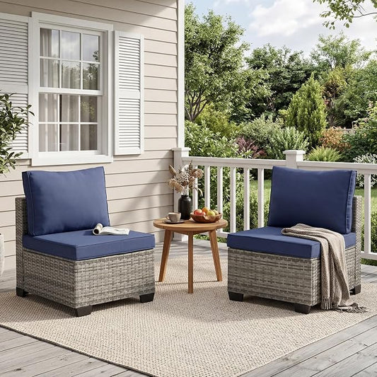 ANJ Outdoor Wicker Patio Chairs Set of 2, Modular Armless Patio Seating with Thick Cushions, All-Weather Rattan Conversation Chair Set for Porch, Balcony, Garden, Backyard, Light Grey Wicker-Blue