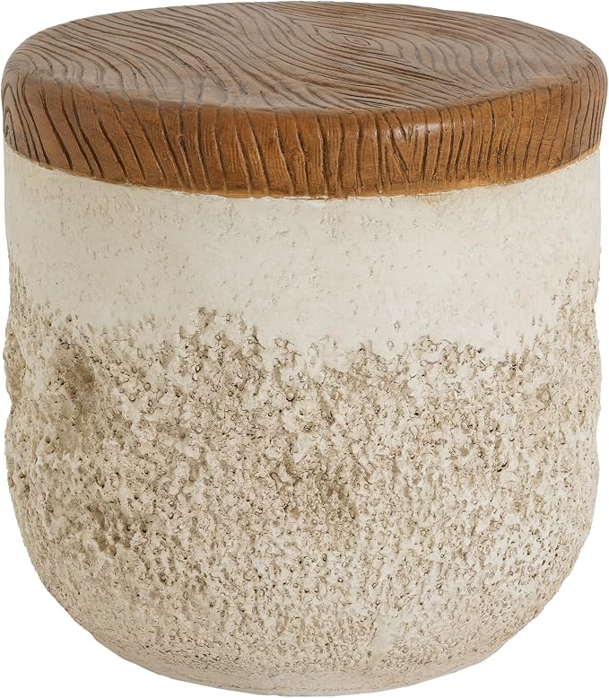 Outdoor Side Table, Modern Organic MGO Accent End Table for Patio, Living Room, Beige Tone Base with Faux Wood Grain Top