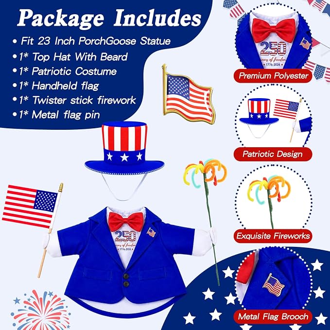 4th of July Porch Goose Outfit for 23 Inch Statue - Patriotic Uncle Sam Costume for 250th USA Anniversary, Sculpture Clothes in Red White Blue, Patriotic Decorations for Outdoor Yard Garden