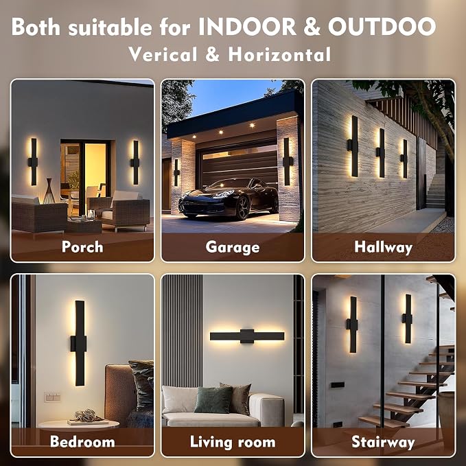 23.6inch Long Outdoor Modern LED Wall Light,24W Waterproof IP65 Warm White Led Wall Mount Lighting Fixture Black Outdoor Wall Sconces Outside Lights for House Garage Front Door Patio 2Pack