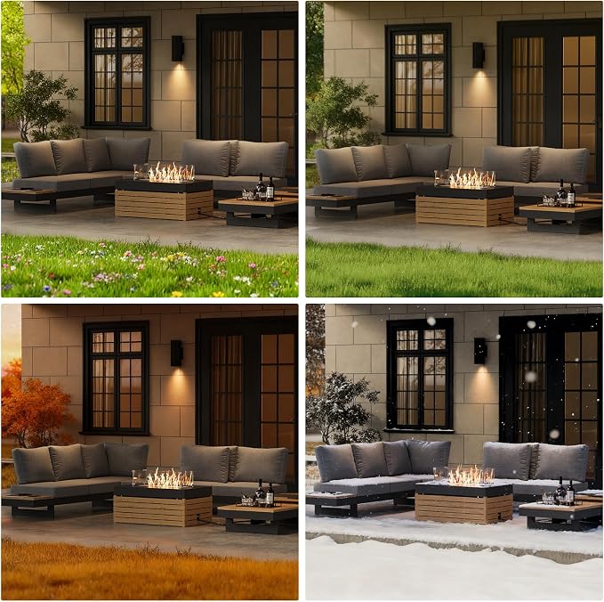 homary Patio Conversation Sets with Fire Pit, Modular Outdoor Sofa Aluminum & Teak Outdoor Sofa Se with Glass Wind Guard Ideal for Patios & Balconies, 6 Pepole