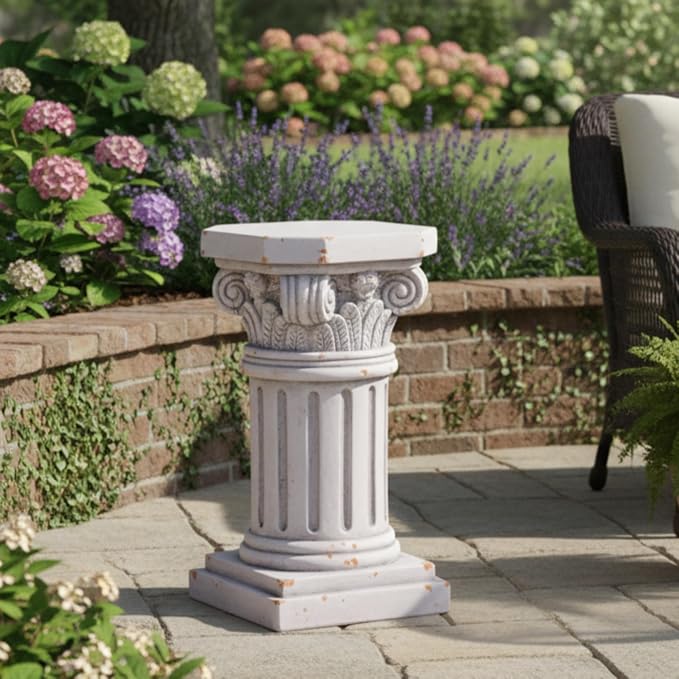 Merax 18.50" H Ionic Pedestal Plant Stand, MGO Decorative Pedestal Side Table for Indoor Outdoor Entryway Garden Home, Antique White, No Assembly Needed