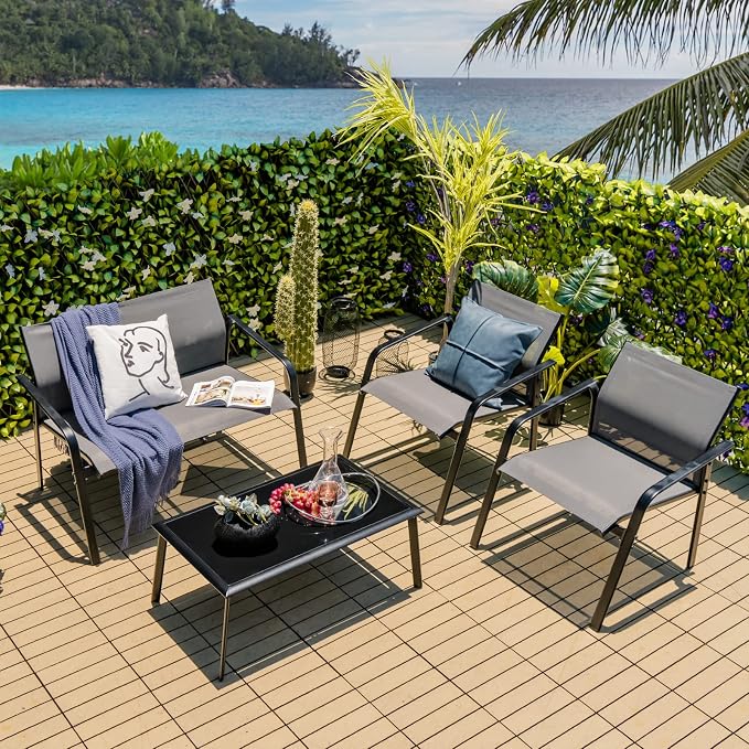 Tangkula 4 Pieces Patio Furniture Set, Outdoor Conversation Set with Tempered Glass Coffee Table, Outdoor Bistro Set with Fabric and Anti-Rust Steel Frame for Garden, Poolside and Backyard (Gray)
