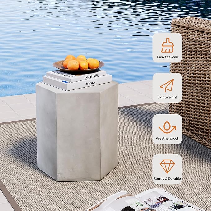 HOMPUS Concrete Side Table, Hexagon Outdoor Side Table, Modular Design Accent Table, Indoor Patio End Tables, Light Grey Home Décor for Living Room, Bedroom or Backyard (14.5" L x 12.5" W x16 H)
