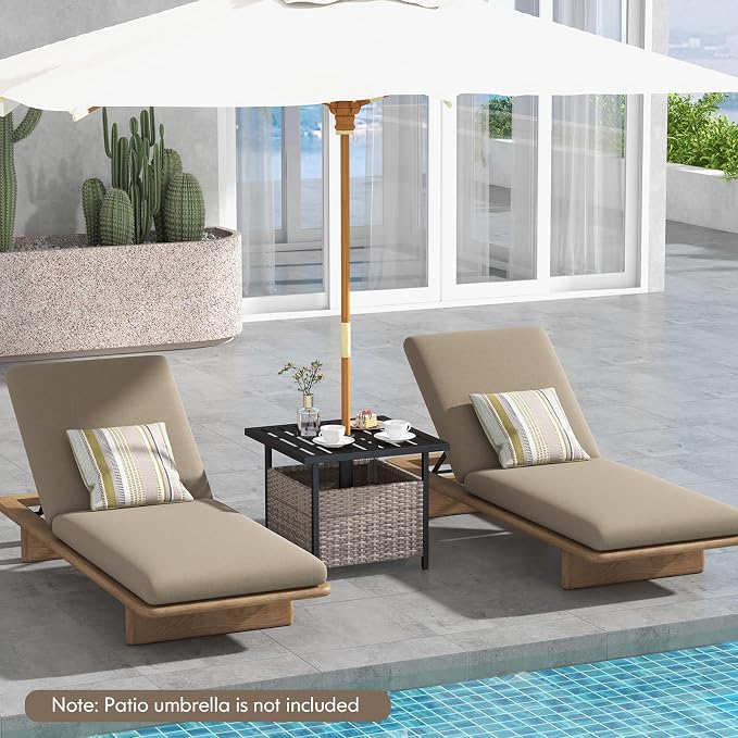Tangkula Outdoor Table with Umbrella Hole, Rattan Umbrella Stand Table, Wicker Outside Side Table with Steel Metal Frame, Patio Bistro Table for Deck Garden Pool Yard, 22 x 22 x 18.5 Inch (Grey)