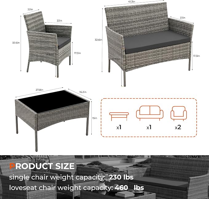 4 Pieces Outdoor Patio Furniture Set, Wicker Patio Conversation Set with Tea Table, All-Weather Outside Rattan Sectional Sofa for Backyard, Poolside, Garden, Balcony, Gray/Dark Gray