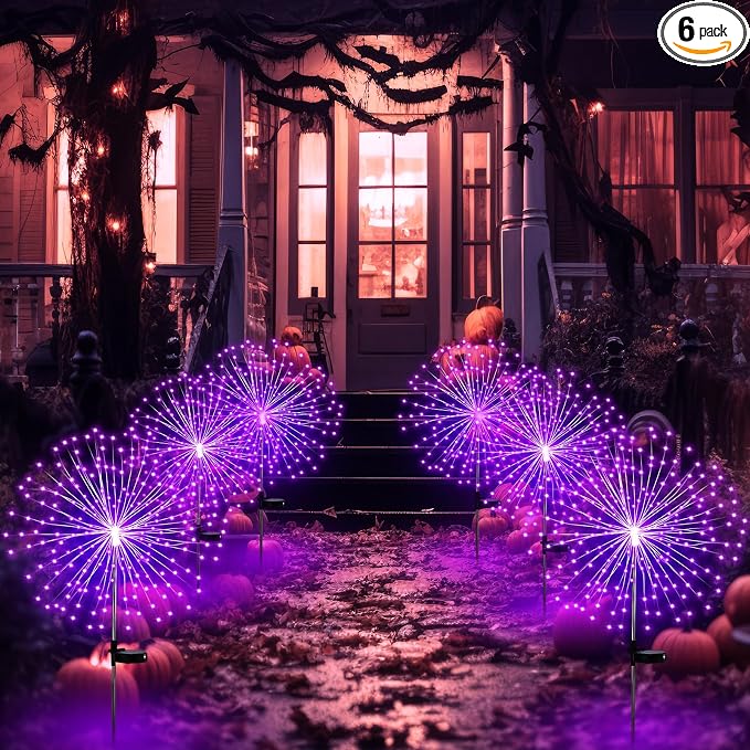 Tujoe 6 Pcs Halloween Solar Firework Stake Lights 180 LED 8 Modes Solar Waterproof LED Sparkler Lights Outdoor Decoration for Garden Patio Yard Pathway Walkway Lawn Xmas Decor (Purple)