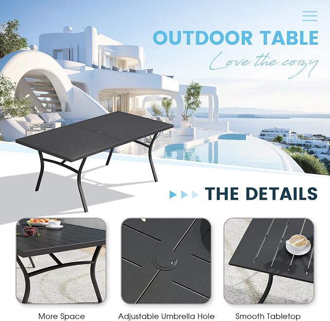9 Pieces Outdoor Patio Dining Set, 70.9" All Weather Rectangle Metal Table with Umbrella Hole and 8 High Back Textilene Swivel Chairs for Garden, Lawn, Poolside, Black Table&Brown Chairs