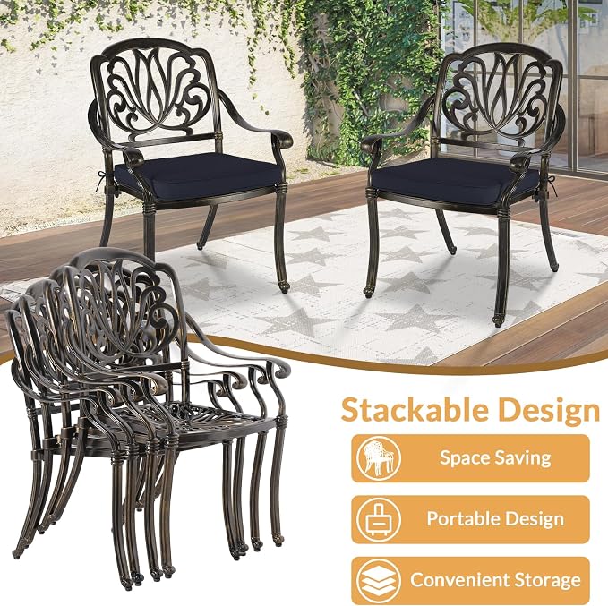 9 Piece Outdoor Patio Dining Set for 8, Cast Aluminium Large Square Dining Table & 4 Swivel Rocker Chairs, 4 Stationary, 8 Cushions, Umbrella Hole, Patio Furniture Set for Garden, Navy Blue