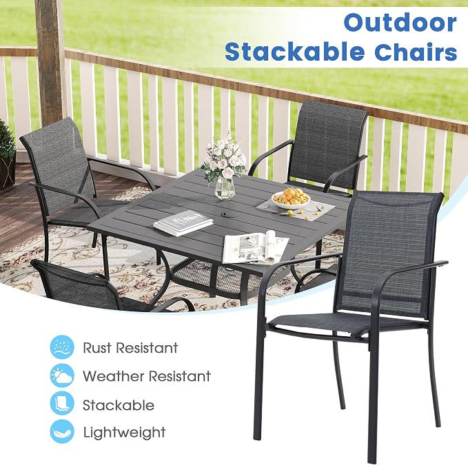 VICLLAX 5 Pieces Patio Dining Set, Outdoor Furniture Set Includes 41.2" Round Patio Table and 4 Patio Sling Chairs, Grey Wood-Like Tabletop and Dark Grey Fabric