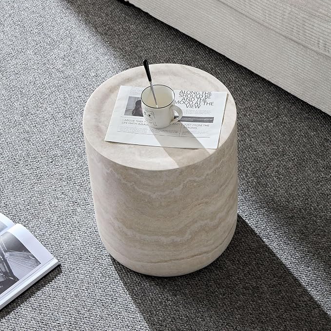 Faux Marble Round Side Table for Living Room Faux Stone Side Table End Tables Modern Travertine Circle End Tables for Apartment, No Need Assembly (Fiberglass-15.74'')
