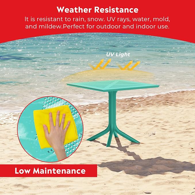 Costaelm Patio Dining Table for 4, Square PP Patio Table, 4-Person Weather Resistant Porch Tables for Outside Poolside Deck Lawn Garden Backyard, Turquoise