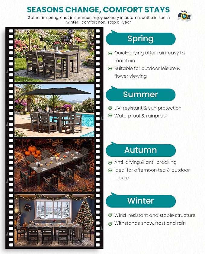 SERWALL 59" Patio Dining Set for 8, HDPE Dining Set, Coffee | Include 2 Rectangular Tables and 8 armless Chairs, All Weather Dining Sets for Garden, Backyard