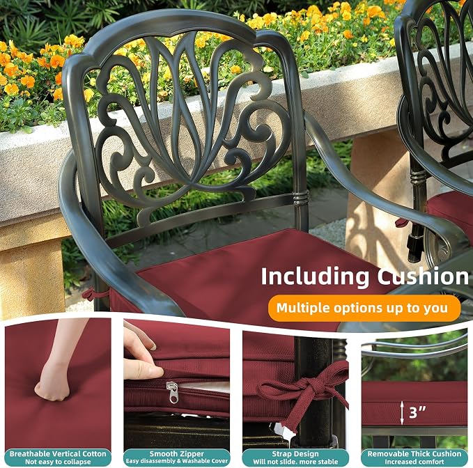 MEETWARM 7-Piece Outdoor Patio Dining Set, 6 Outdoor Dining Cushioned Chairs and 1 Rectangle Table with 2" Umbrella Hole, All Weather Cast Aluminum Patio Funiture Set for Backyard, Chili Red