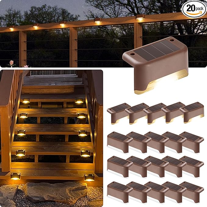GIGALUMI Led Solar Deck Lights, 20 Pack Waterproof, Warm White | LED Solar Lights for Outdoor Deck, Stairs, Step, Fence, Railing, Yard and Patio