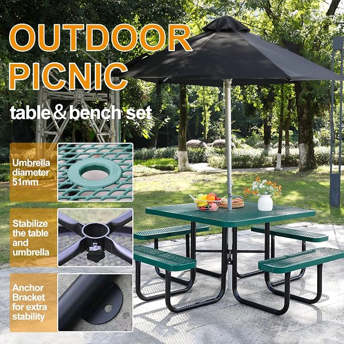 46-Inch Square Metal Outdoor Picnic Table – Commercial Heavy-Duty Steel Dining Table with Thermoplastic Coating, Weather & Rust Resistant, Ideal for Patio, Outside, Garden, Schools(Green)