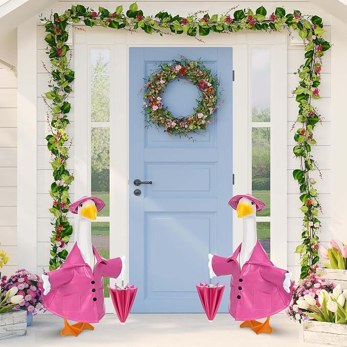 Summer Goose Outfits 23 Inch Porch Goose Raincoat Clothes Yard Goose Umbrella Outfit Fits Cement or Plastic Geese Statue for Outdoor Lawn Garden Patio Summer Holiday Decor (Pink)