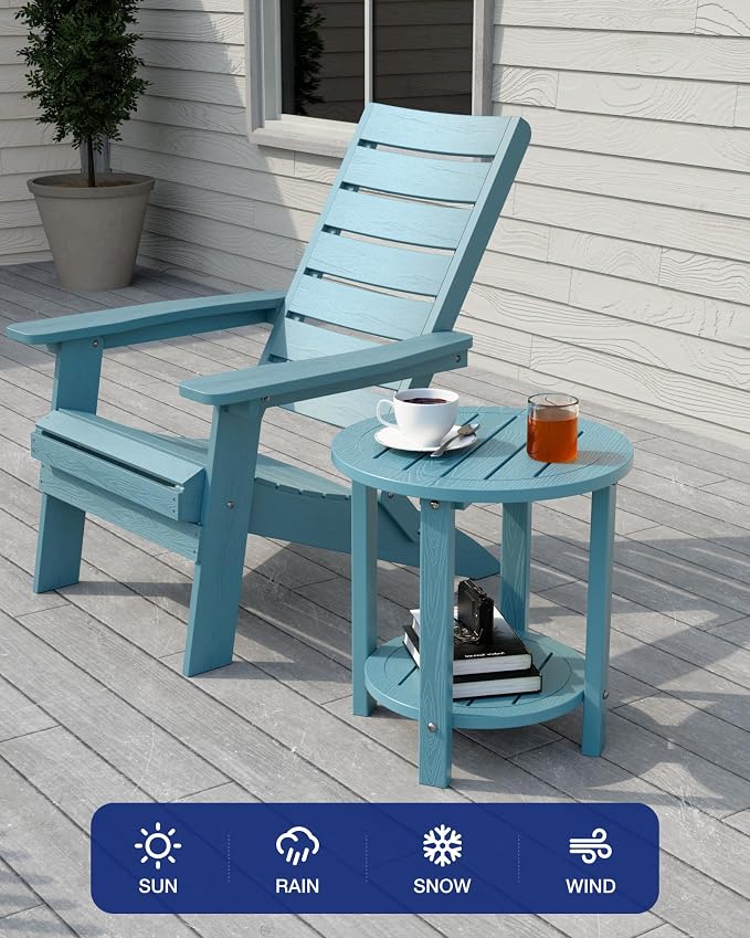YEFU Outdoor Side Table for Patio: 16in HIPS Small Round Outdoor End Table - 2-Tier Adirondack Tables for Patio Porch Yard Poolside Living Room Beach Bedroom (Blue, 1 Pack)