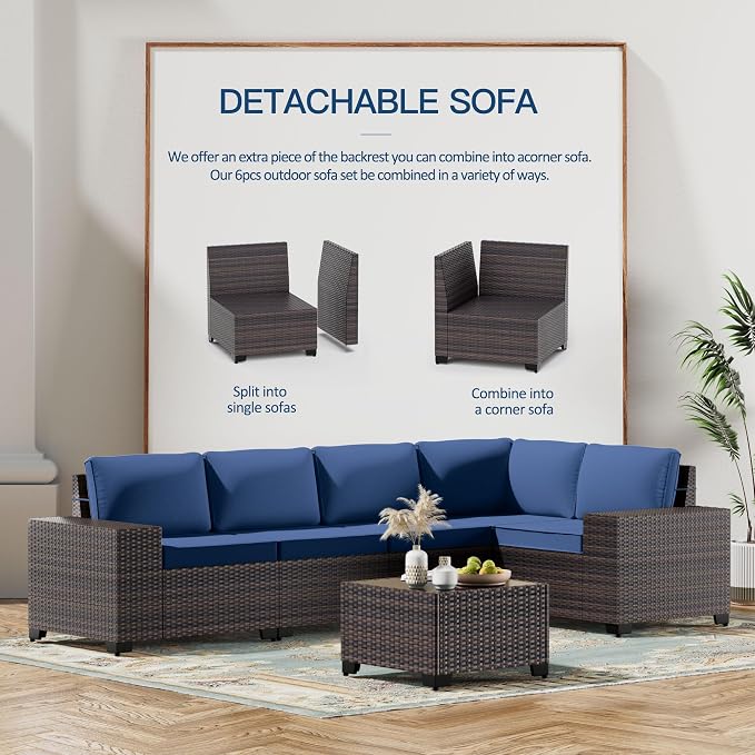 Kullavik 7 Pieces Outdoor Patio Furniture Set with 43" 55000BTU Gas Propane Fire Pit Table PE Wicker Rattan Sectional Sofa Patio Conversation Sets,Navy Blue
