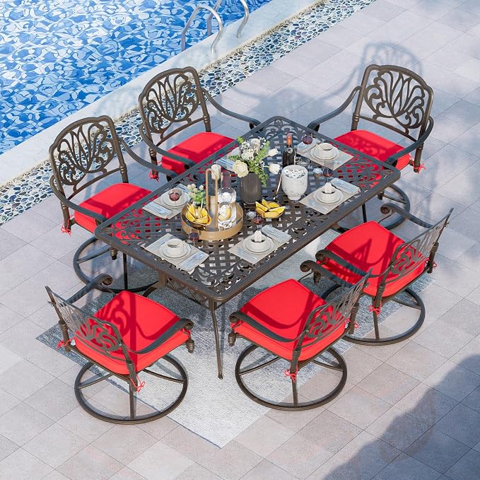 Grepatio 7 Piece Patio Dining Set Outdoor Dining Set Cast Aluminum Furniture Set with 6 Dining Swivel Chairs with 6 Cushions and Dining Table for Backyard Garden Deck Poolside (Red)