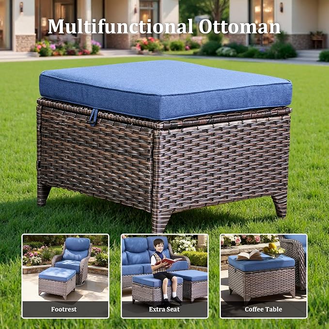Luxury Patio Furniture Set with 42.5" Fire Pit Table, 6 Pieces High Back All Weather Wicker Outdoor Furniture w/ 6-Inch Thick Cushions, Patio Swivel Chairs Couch for Deck Balcony Backyard Brown/Blue