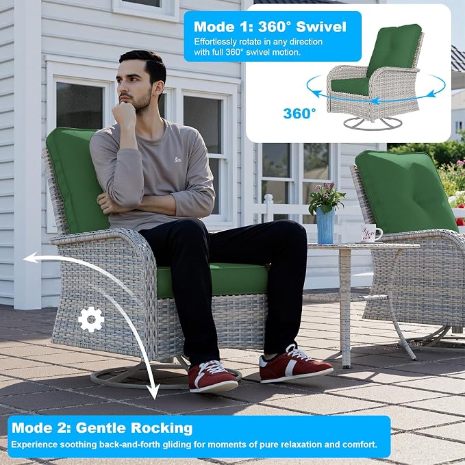 12-Piece Patio Furniture Set, Outdoor Patio Furniture with Swivel Chairs Set, Ottomans, Modular Patio Sofa, Dual-Strand Wicker Rattan, Rust-Resistant Frame, Dark Green