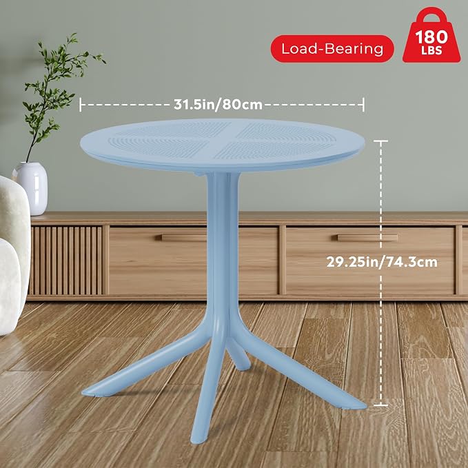 Costaelm Small Patio Table, Outdoor Round Dining Table, Weather Resistant Outside Table for Poolside Deck Lawn Garden Backyard, French Blue