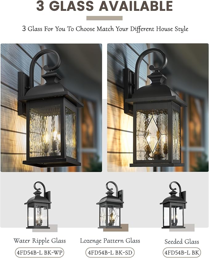 FEMILA 26" Outdoor Wall Light, Large Exterior Wall Lantern with Water Ripple Glass, 3-Light Outdoor Wall Light Fixtures for Entryway, Patio, Garage, Doorway, E12 Base, 4FD54B-L BK
