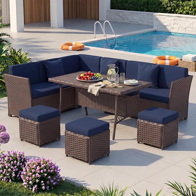Patio Furniture Set, 7 Pieces Outdoor Dining Sets, All Weather Rattan Conversation Set, Outdoor Dining Sectional Sofa with Large Dining Table, Ottoman (Brown-Navy, A-7 Pieces)
