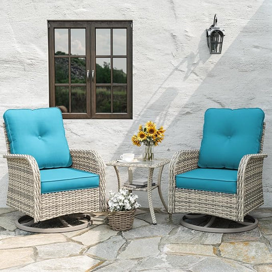 Patio Rocking Swivel Chair Outdoor Wicker Rattan Bistro Set with Tempered Glass Side Table, Outdoor Patio Furniture Set for Garden, Deck, and Balcony, Turquoise