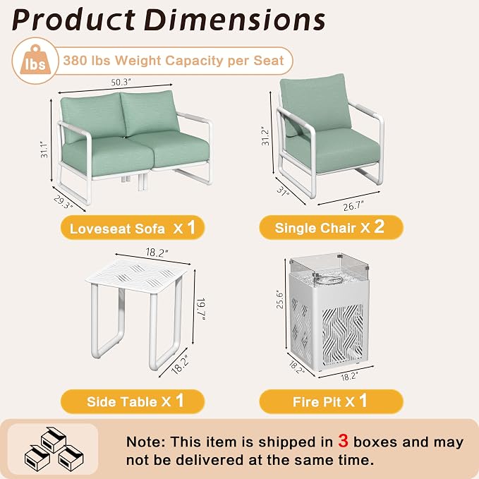 4-Seat Outdoor Aluminum Patio Set with 45,000 BTU Fire Pit Table, 6.5" Thick Cushions & Wide Seating, All-Weather for Pool, Balcony, Garden, White