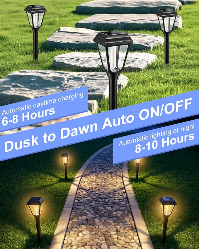 Solar Pathway Lights 2 Pack Outdoor 3000K Bright Auto On/Off Solar Garden Lights Long Lasting Solar Powered Waterproof Landscape Light for Path Yard Walkway Lawn Driveway Decor Lighting - Warm White