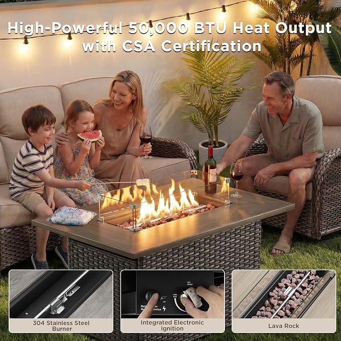 Patio Furniture Set with Fire Pit Table-10 Pieces All Weather Outdoor Swivel Rocker Chairs with Sofa and Ottomans. Outdoors Patio Conversation Sets for Porch Deck Garden Backyard(Brown/Beige)